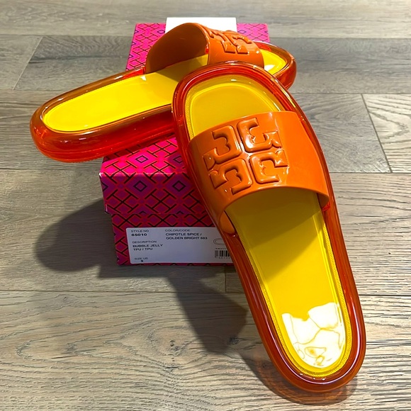 NIB Tory Burch Bubble Jelly Slides Chipotle Spice/Golden Bright Raised DoubleT-9 - Picture 3 of 9